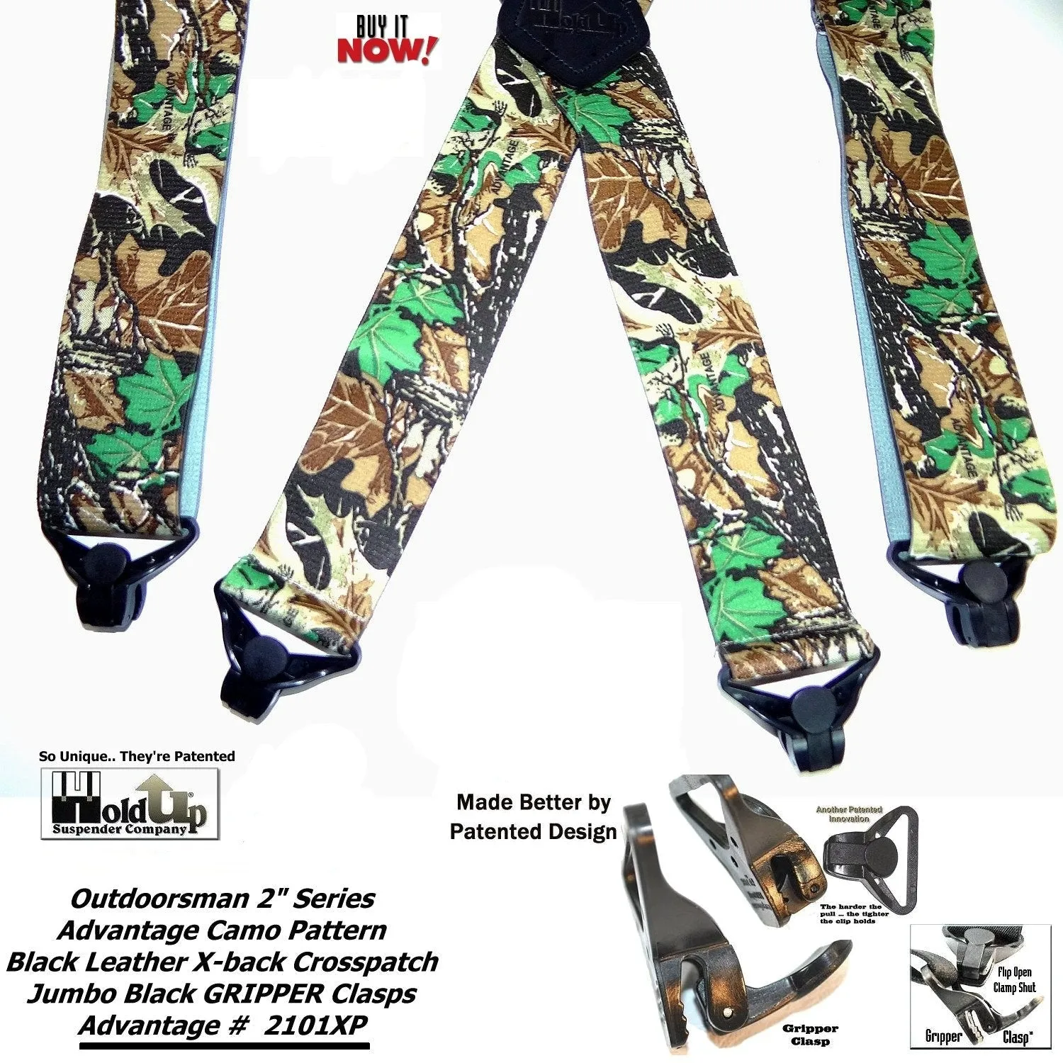 Holdup Suspender Company's Outdoorsman Series Advantage Pattern Camouflage Hunting Suspenders with black USA Patented Gripper Clasps