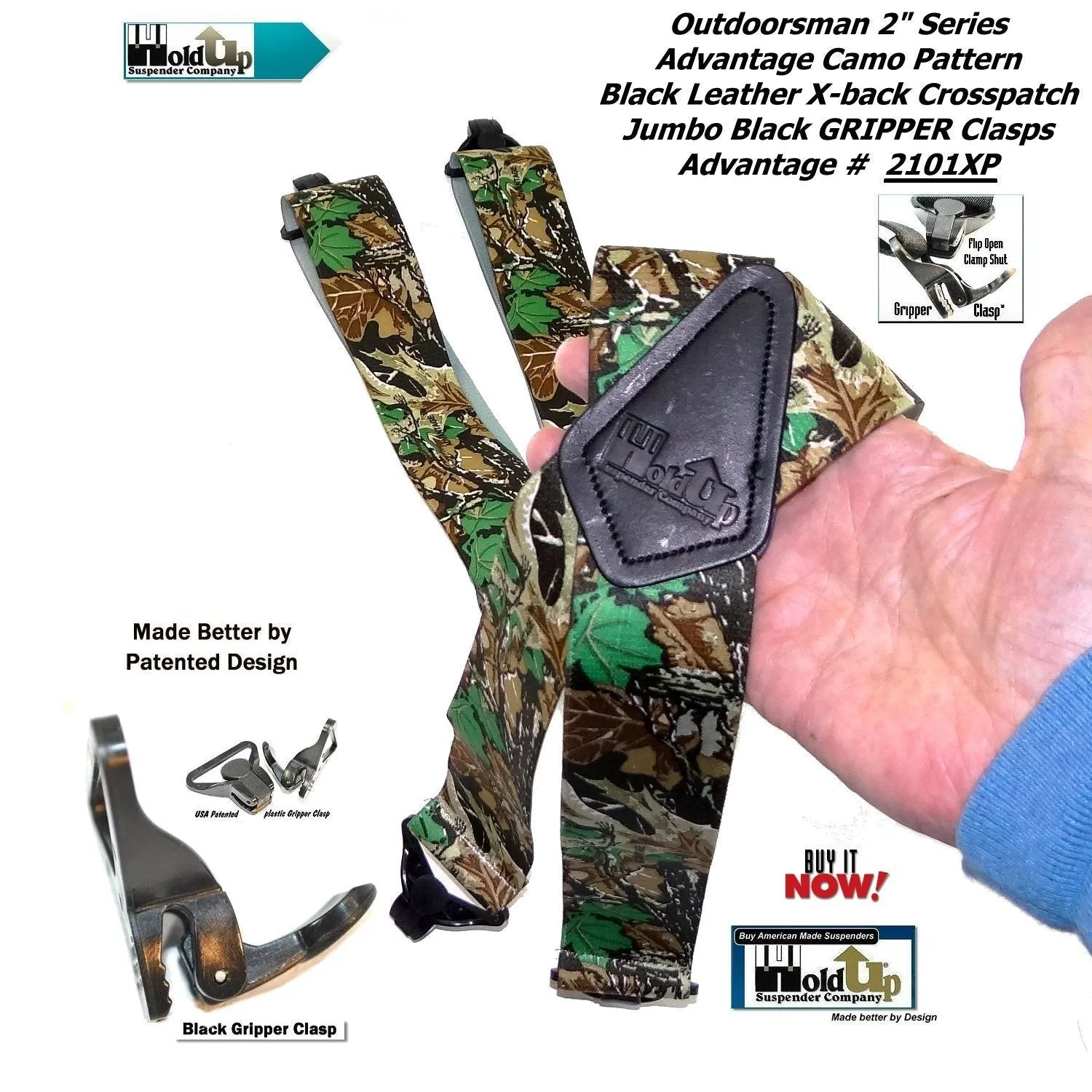 Holdup Suspender Company's Outdoorsman Series Advantage Pattern Camouflage Hunting Suspenders with black USA Patented Gripper Clasps
