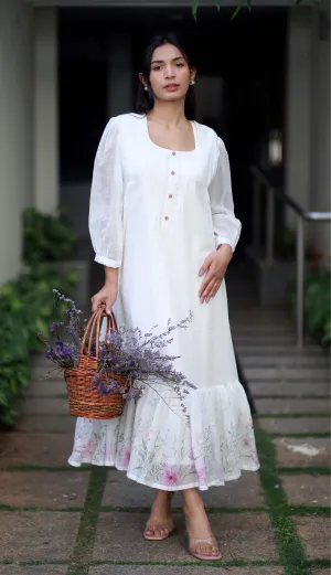 Ivory Elegance White Kota Cotton And Pink Orchids Kurta/ Dress
