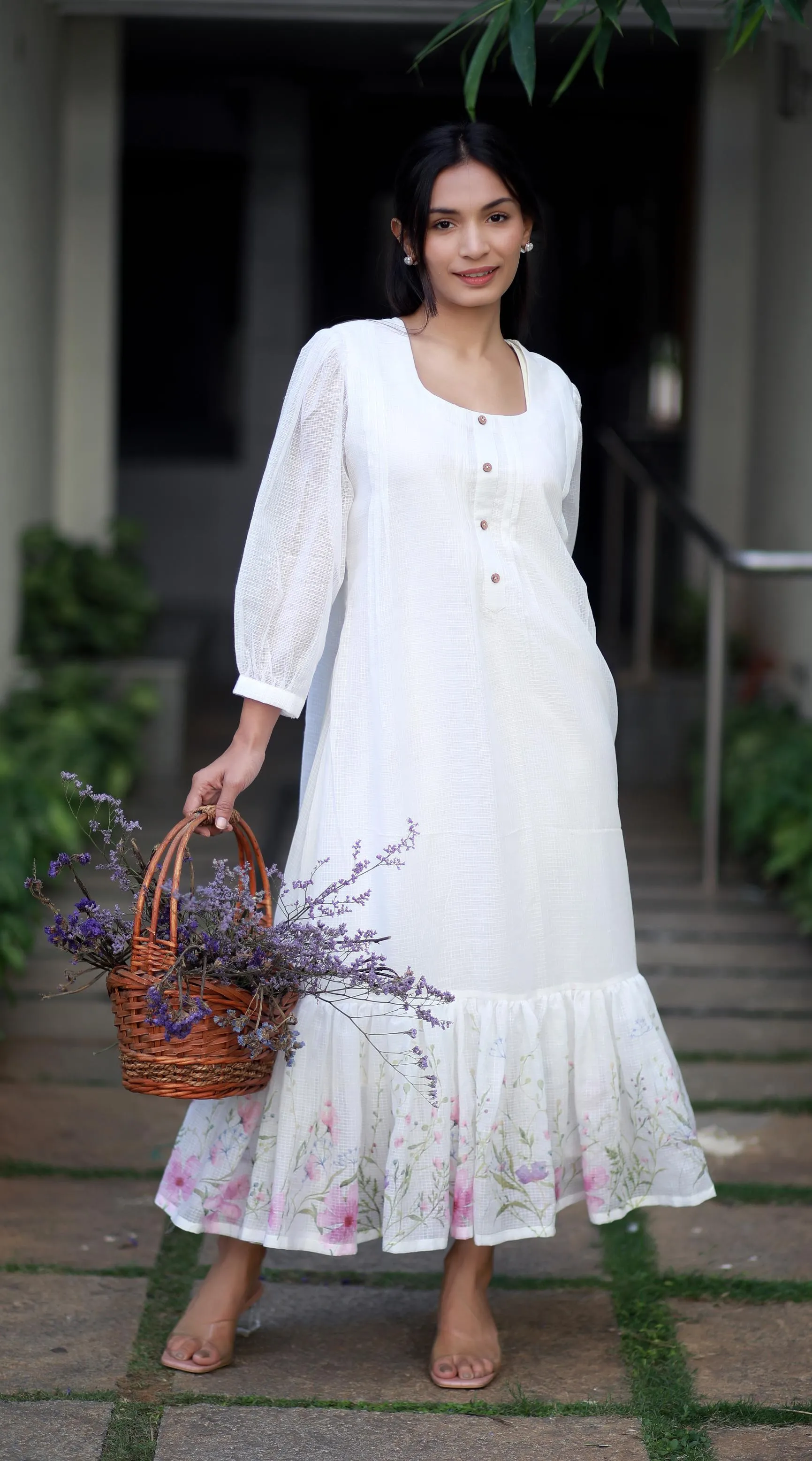 Ivory Elegance White Kota Cotton And Pink Orchids Kurta/ Dress