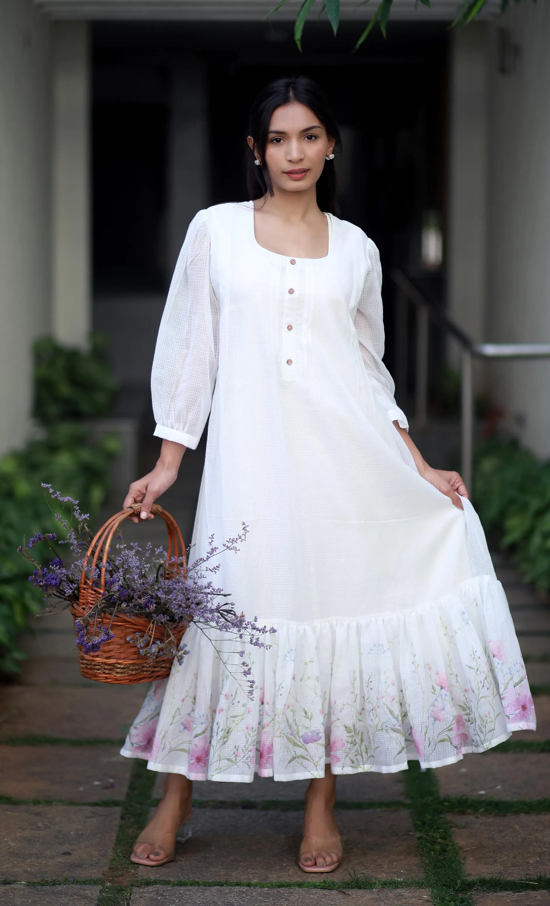 Ivory Elegance White Kota Cotton And Pink Orchids Kurta/ Dress