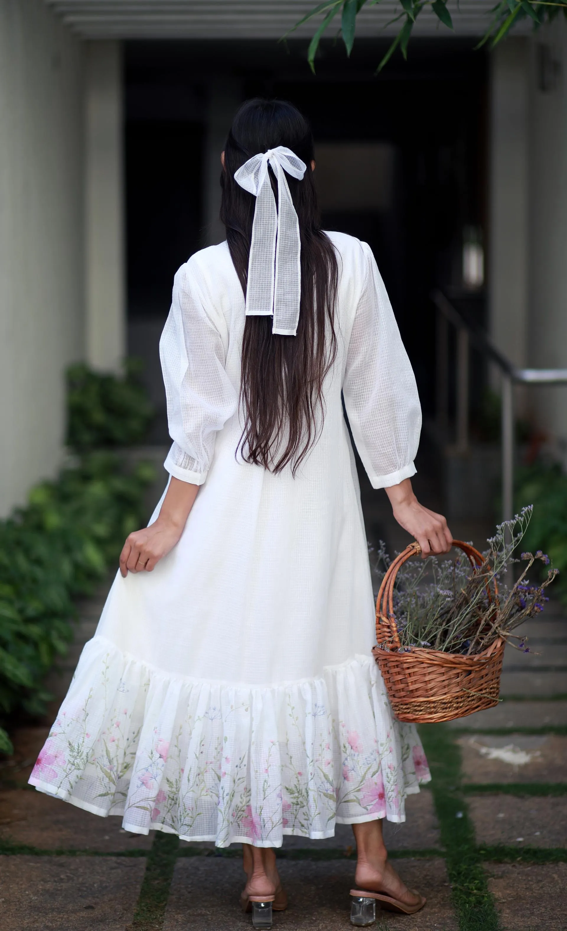 Ivory Elegance White Kota Cotton And Pink Orchids Kurta/ Dress