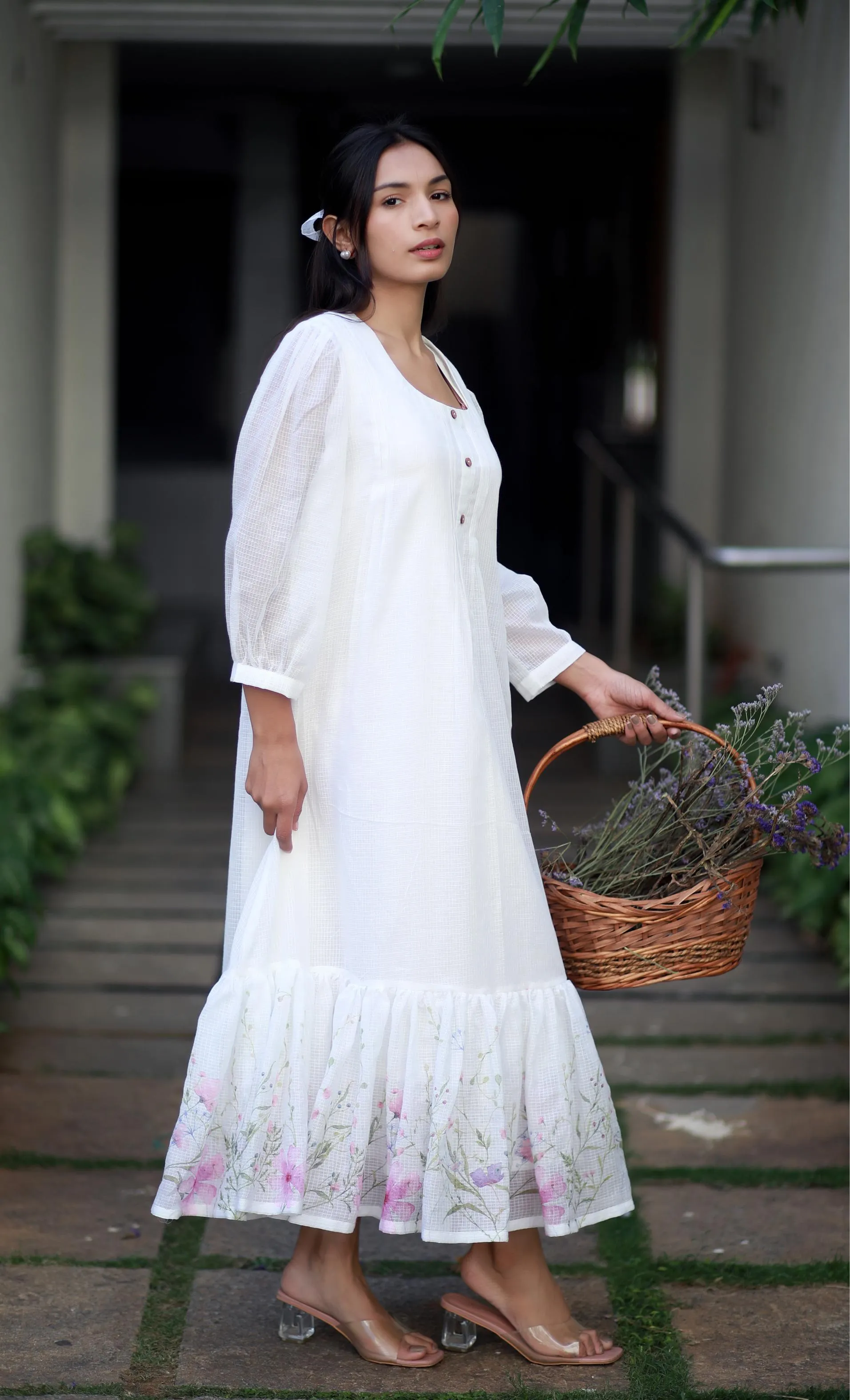 Ivory Elegance White Kota Cotton And Pink Orchids Kurta/ Dress