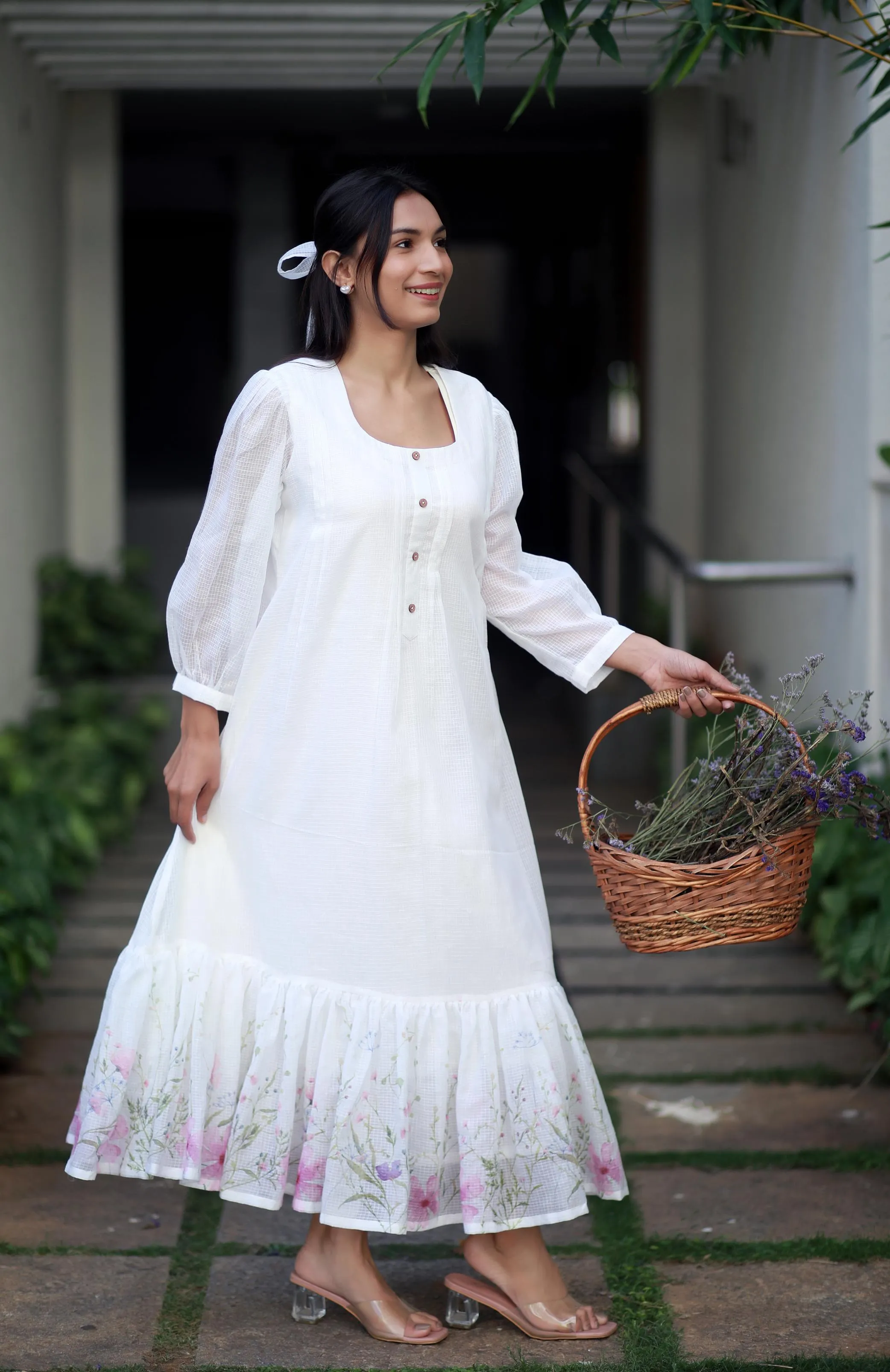 Ivory Elegance White Kota Cotton And Pink Orchids Kurta/ Dress
