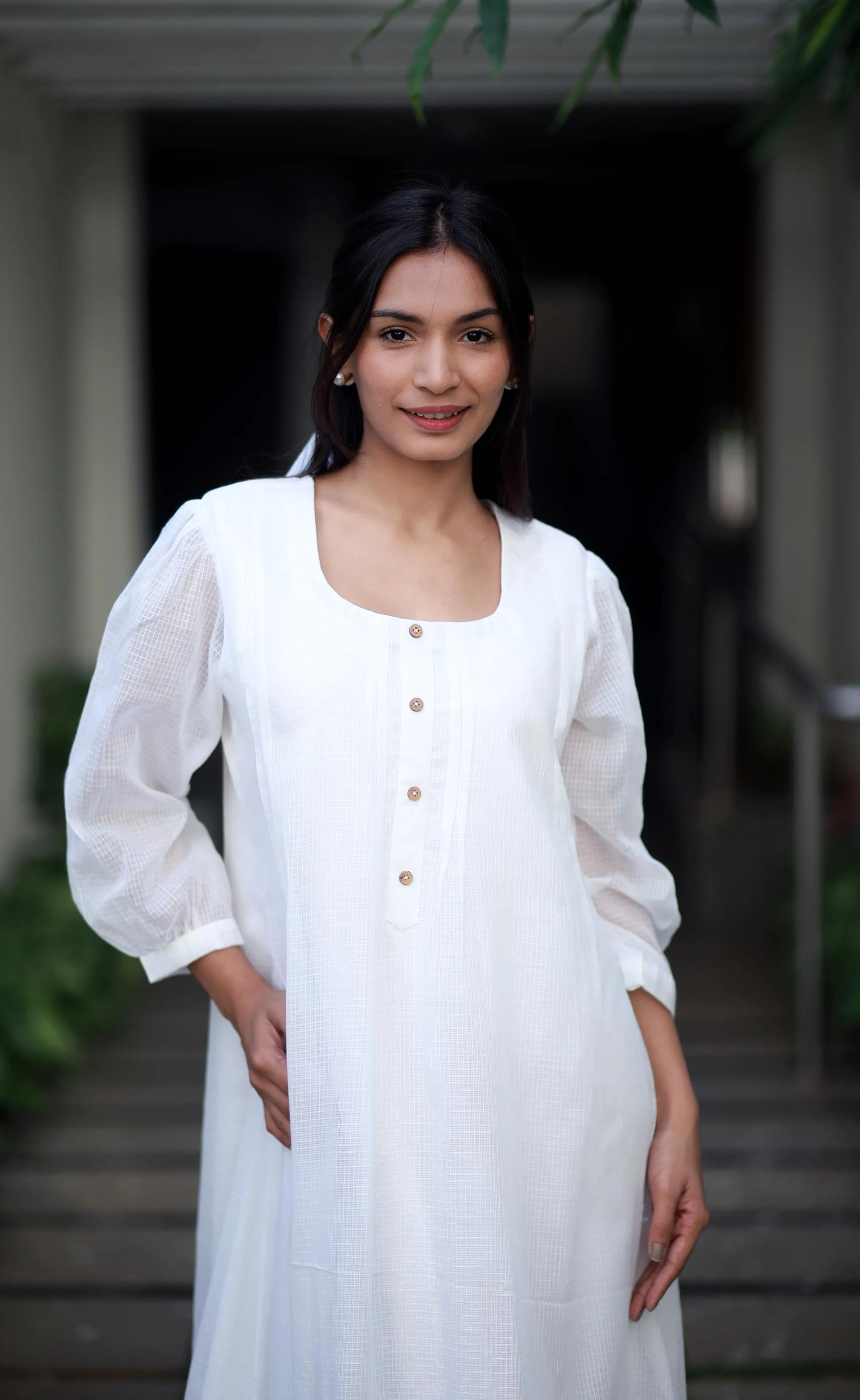 Ivory Elegance White Kota Cotton And Pink Orchids Kurta/ Dress