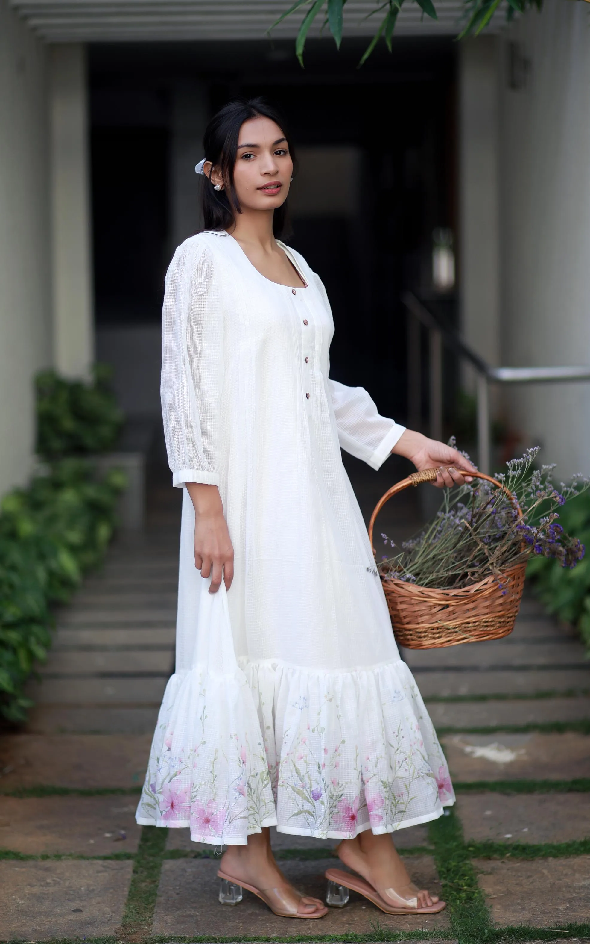 Ivory Elegance White Kota Cotton And Pink Orchids Kurta/ Dress