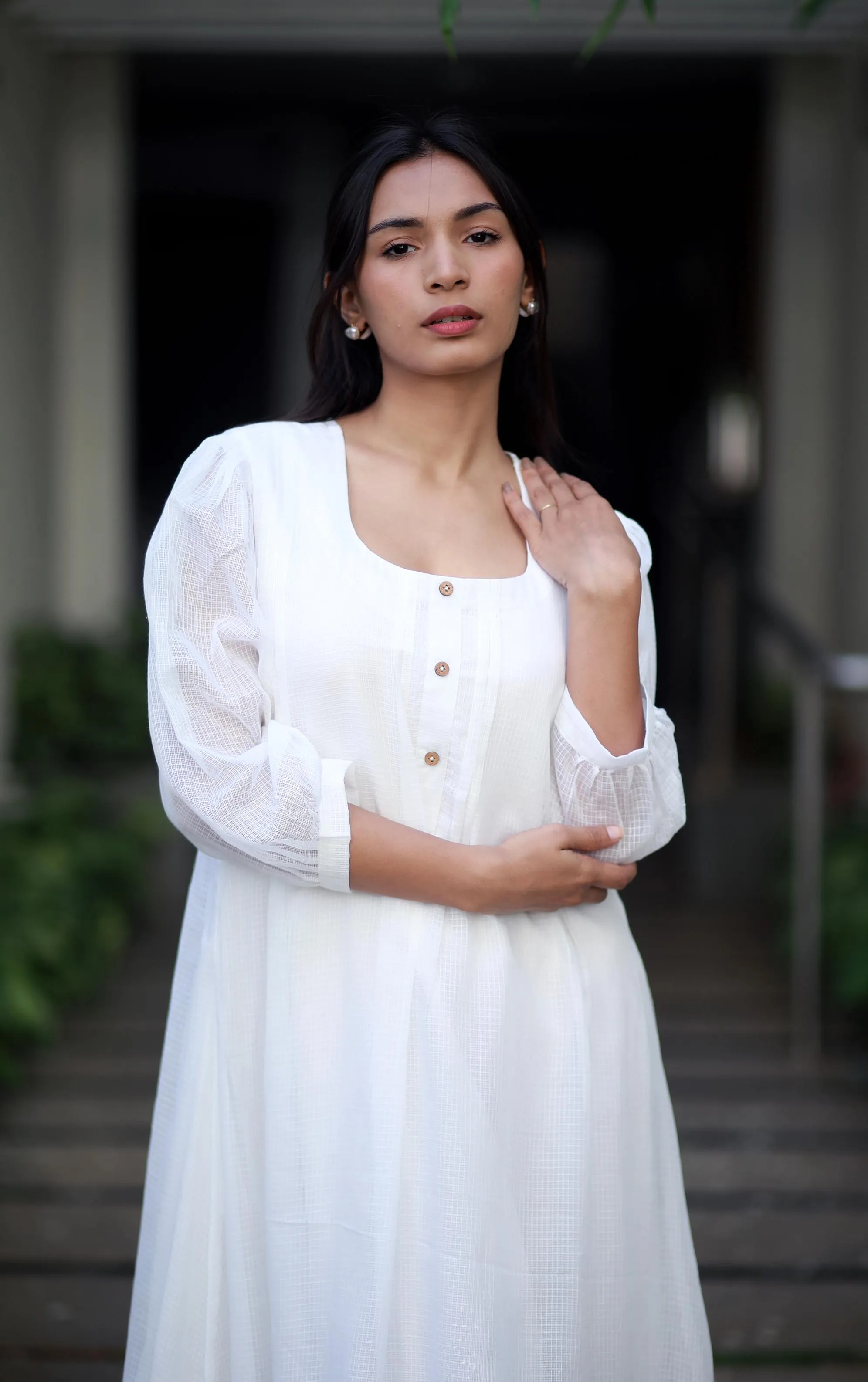 Ivory Elegance White Kota Cotton And Pink Orchids Kurta/ Dress