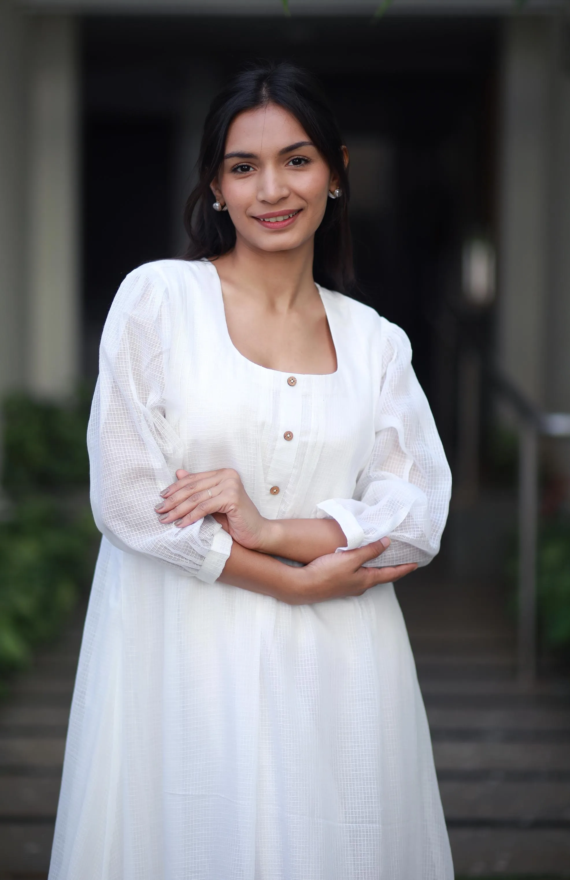 Ivory Elegance White Kota Cotton And Pink Orchids Kurta/ Dress