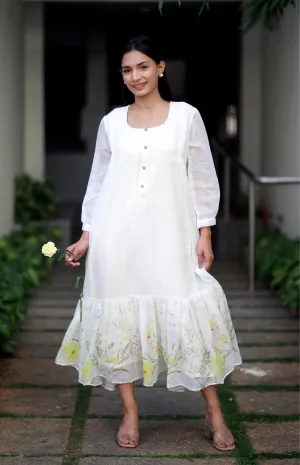 Ivory Elegance White Kota Cotton And Yellow Orchids Kurta/ Dress