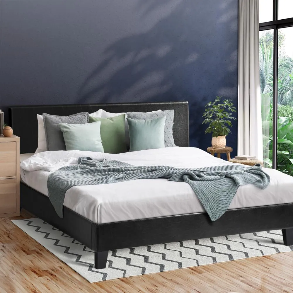 JANA Bed Frame Queen Size Base Mattress Platform Leather Wooden Slats Black
