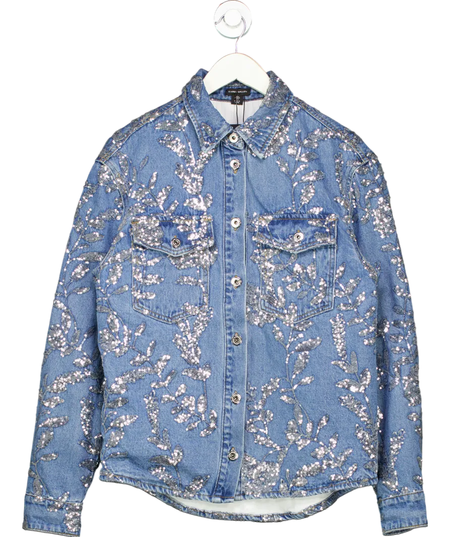 Karen Millen Blue Denim All Over Floral Sequin Jacket UK 6