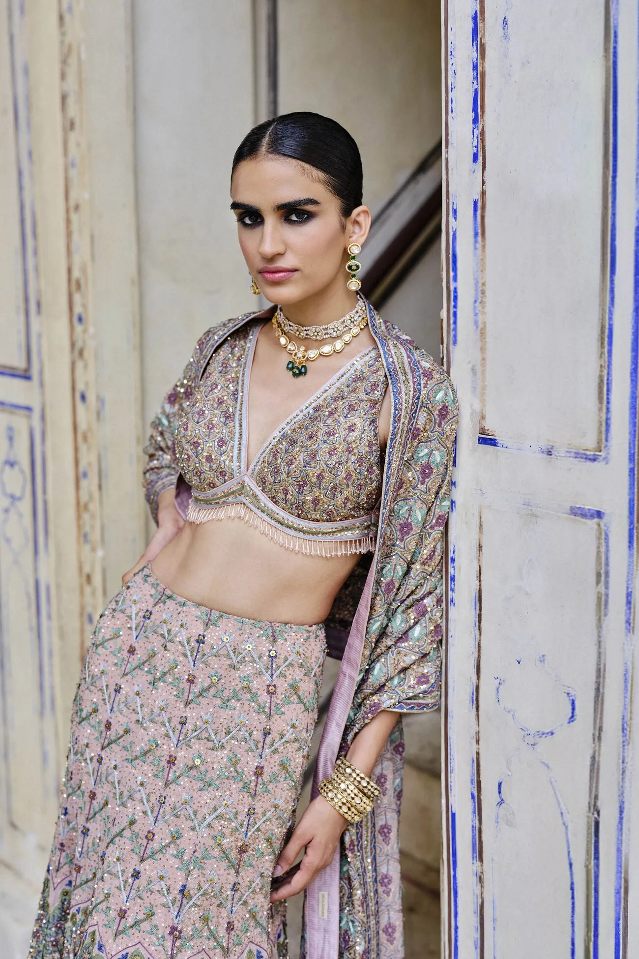 Krandasi Embroidered Zardozi Skirt Set - Blush