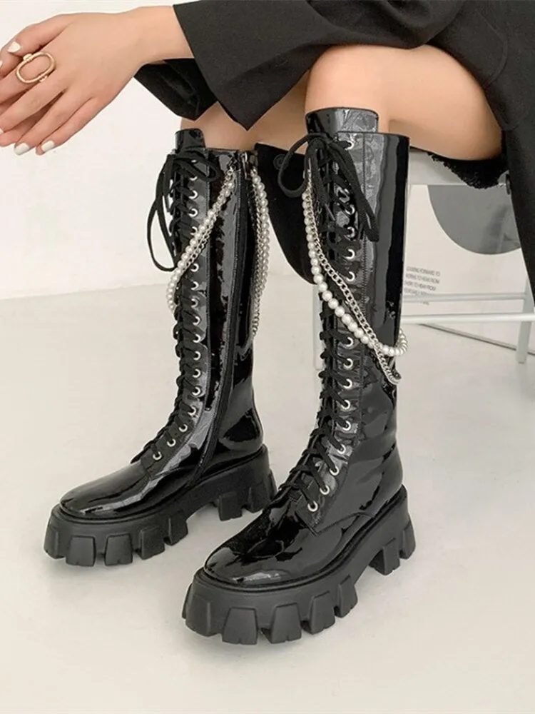 Lace Up Women Knee High Motorcycle boots