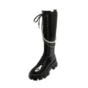 Lace Up Women Knee High Motorcycle boots