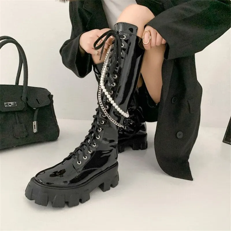 Lace Up Women Knee High Motorcycle boots