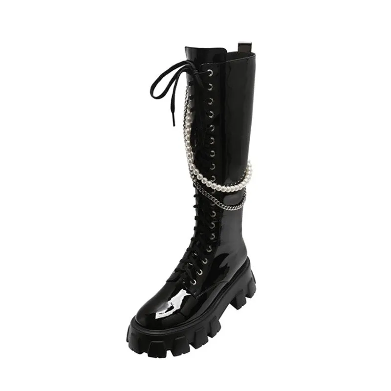 Lace Up Women Knee High Motorcycle boots