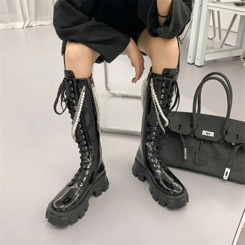 Lace Up Women Knee High Motorcycle boots