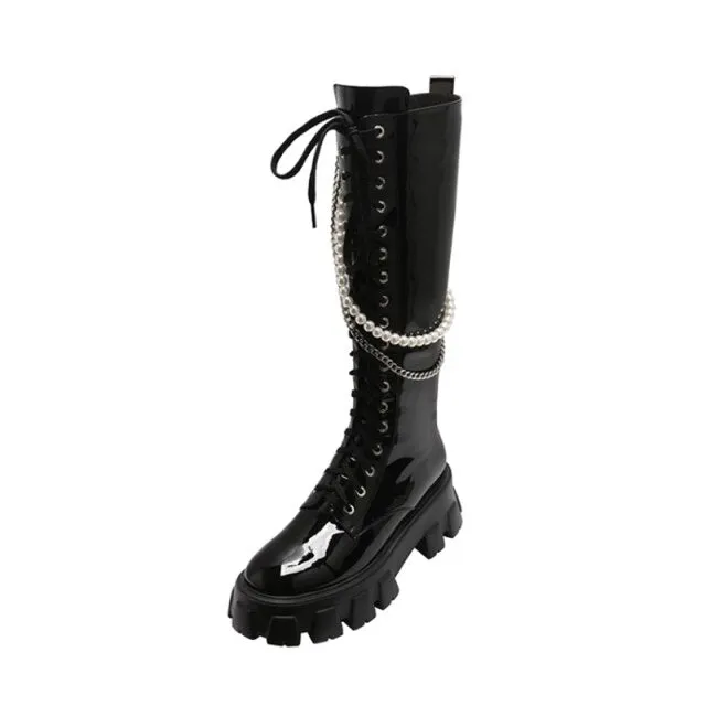 Lace Up Women Knee High Motorcycle boots