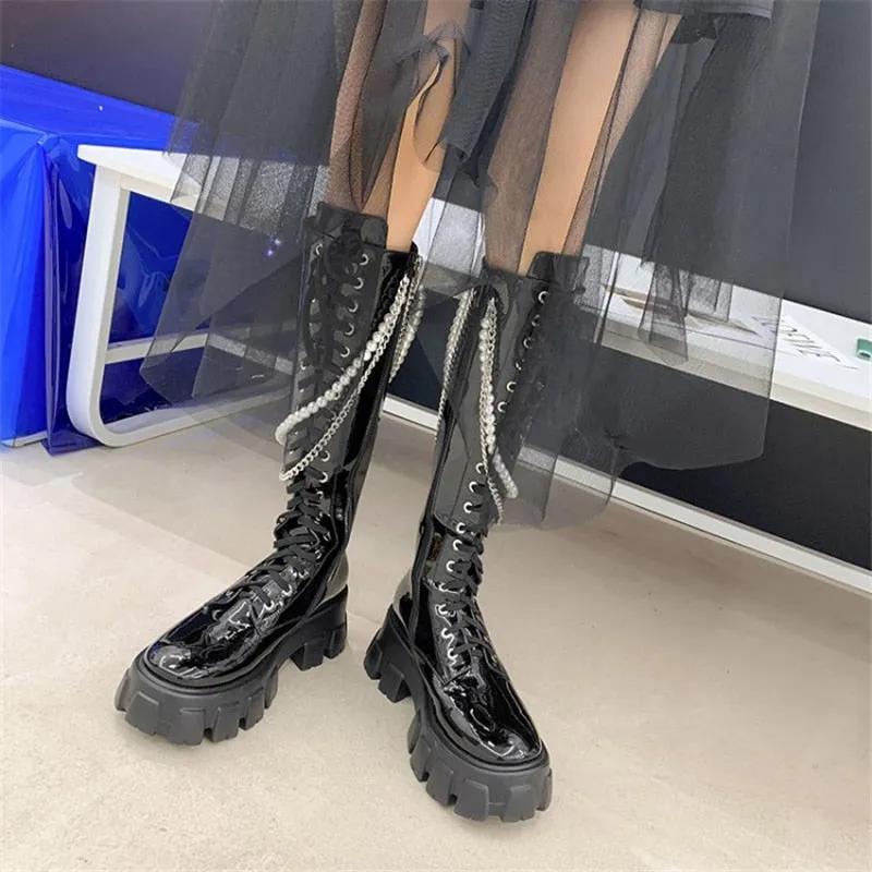 Lace Up Women Knee High Motorcycle boots