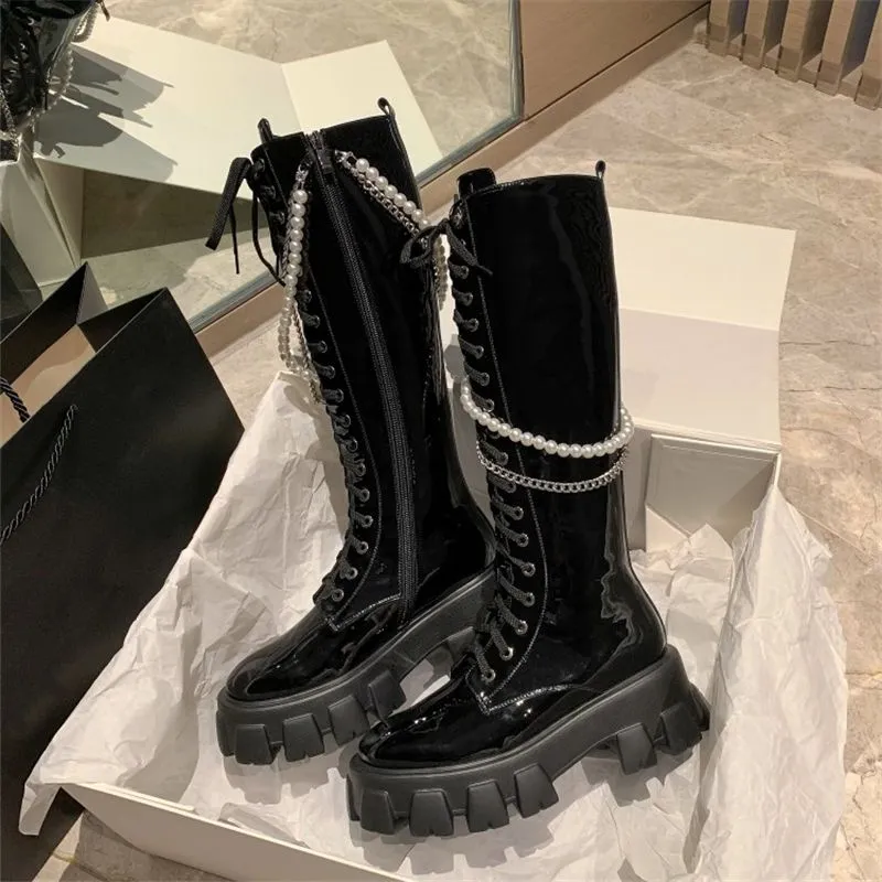 Lace Up Women Knee High Motorcycle boots