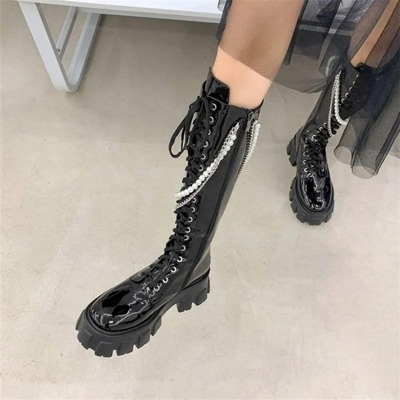 Lace Up Women Knee High Motorcycle boots