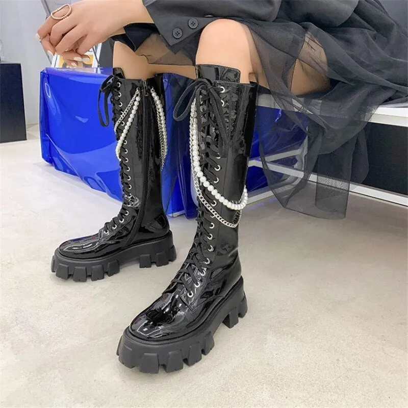 Lace Up Women Knee High Motorcycle boots