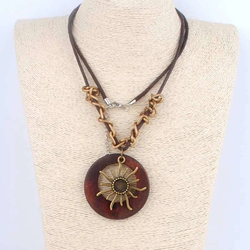 Long Chain Necklace with sun on wooden pendant