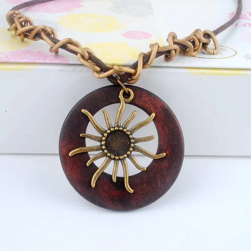 Long Chain Necklace with sun on wooden pendant