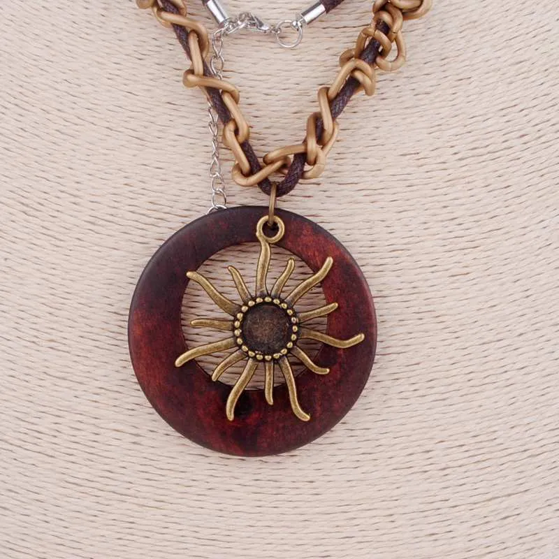 Long Chain Necklace with sun on wooden pendant