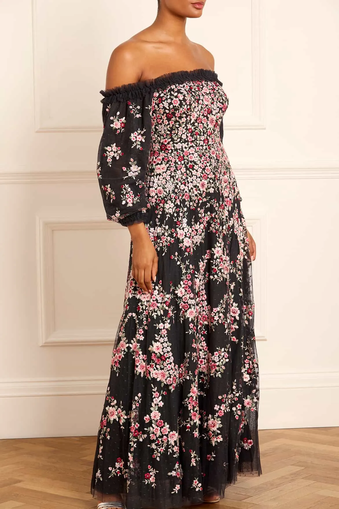 Lunaria Wreath Off-Shoulder Long Sleeve Gown