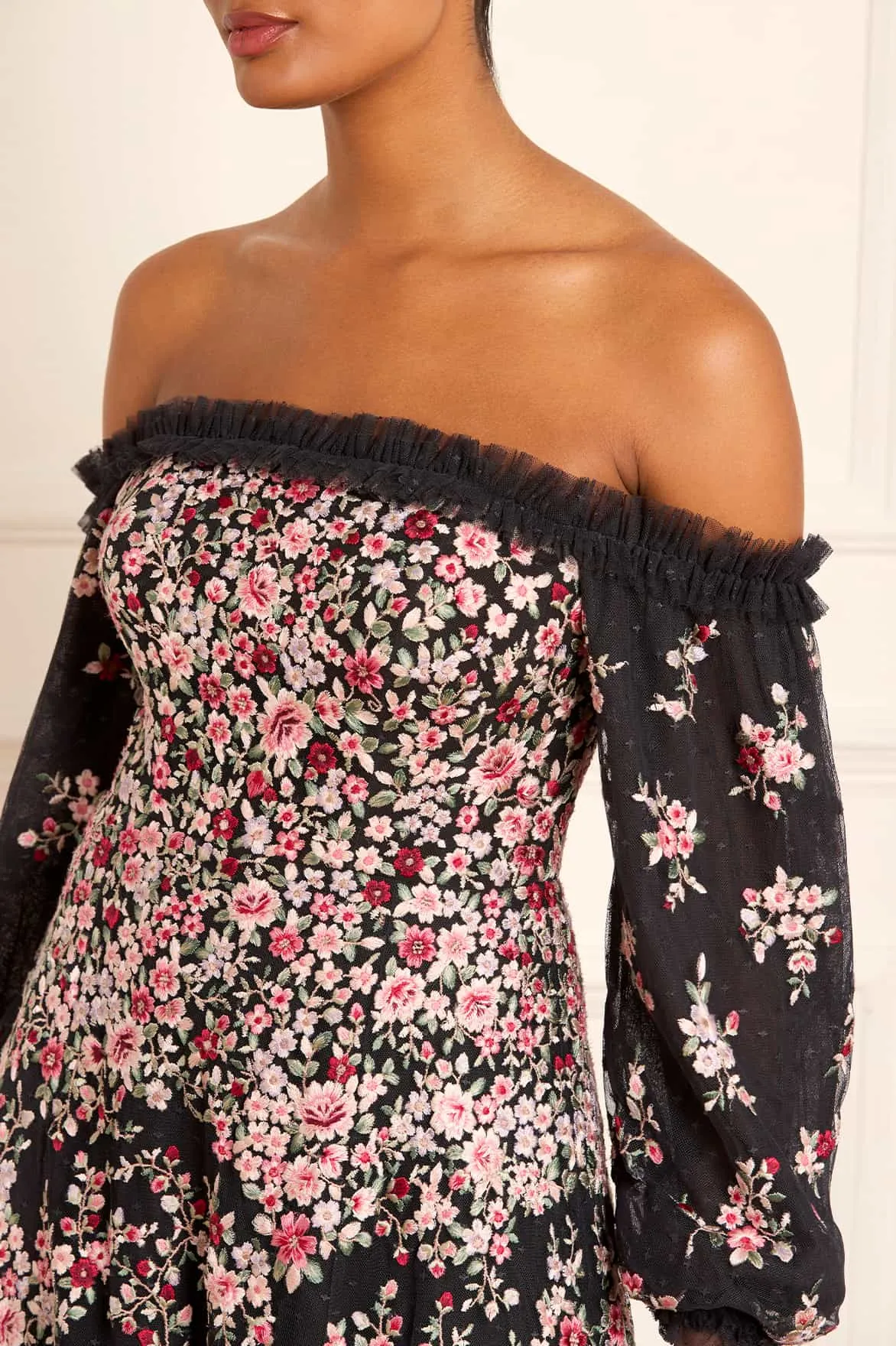 Lunaria Wreath Off-Shoulder Long Sleeve Gown