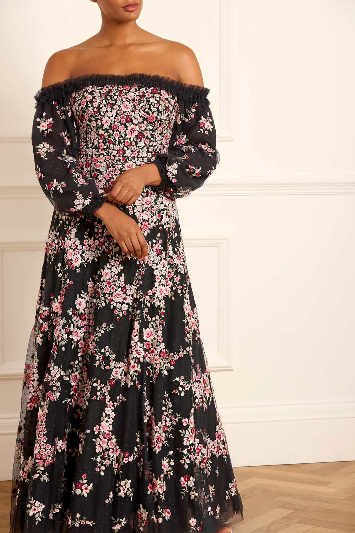 Lunaria Wreath Off-Shoulder Long Sleeve Gown