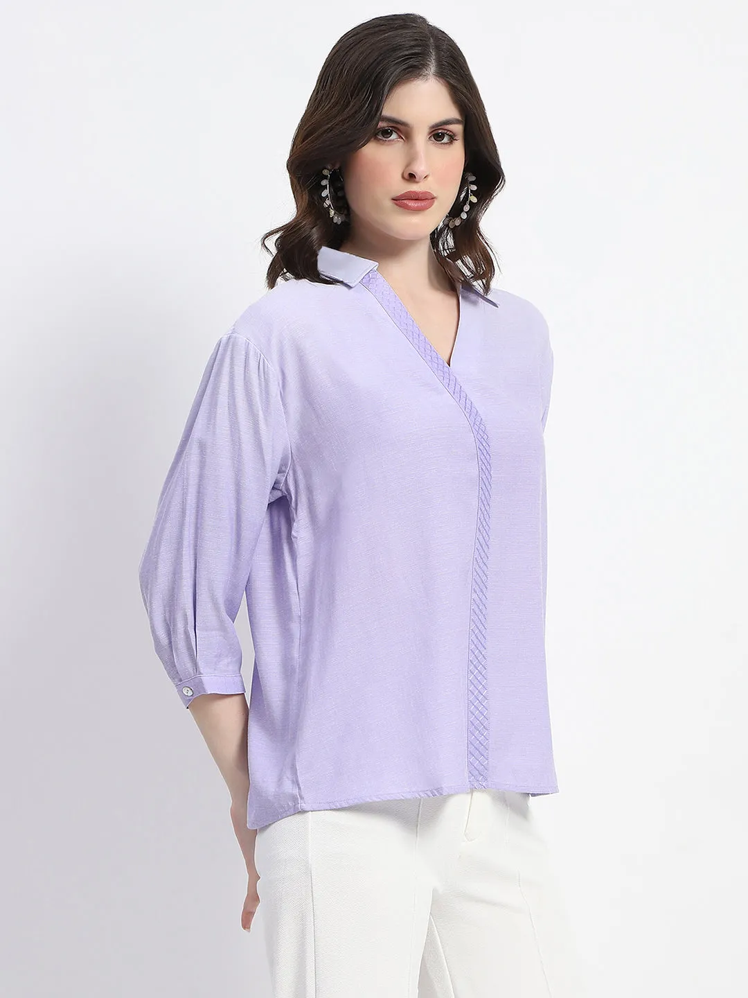 Madame Collared Embellished Purple Shirt