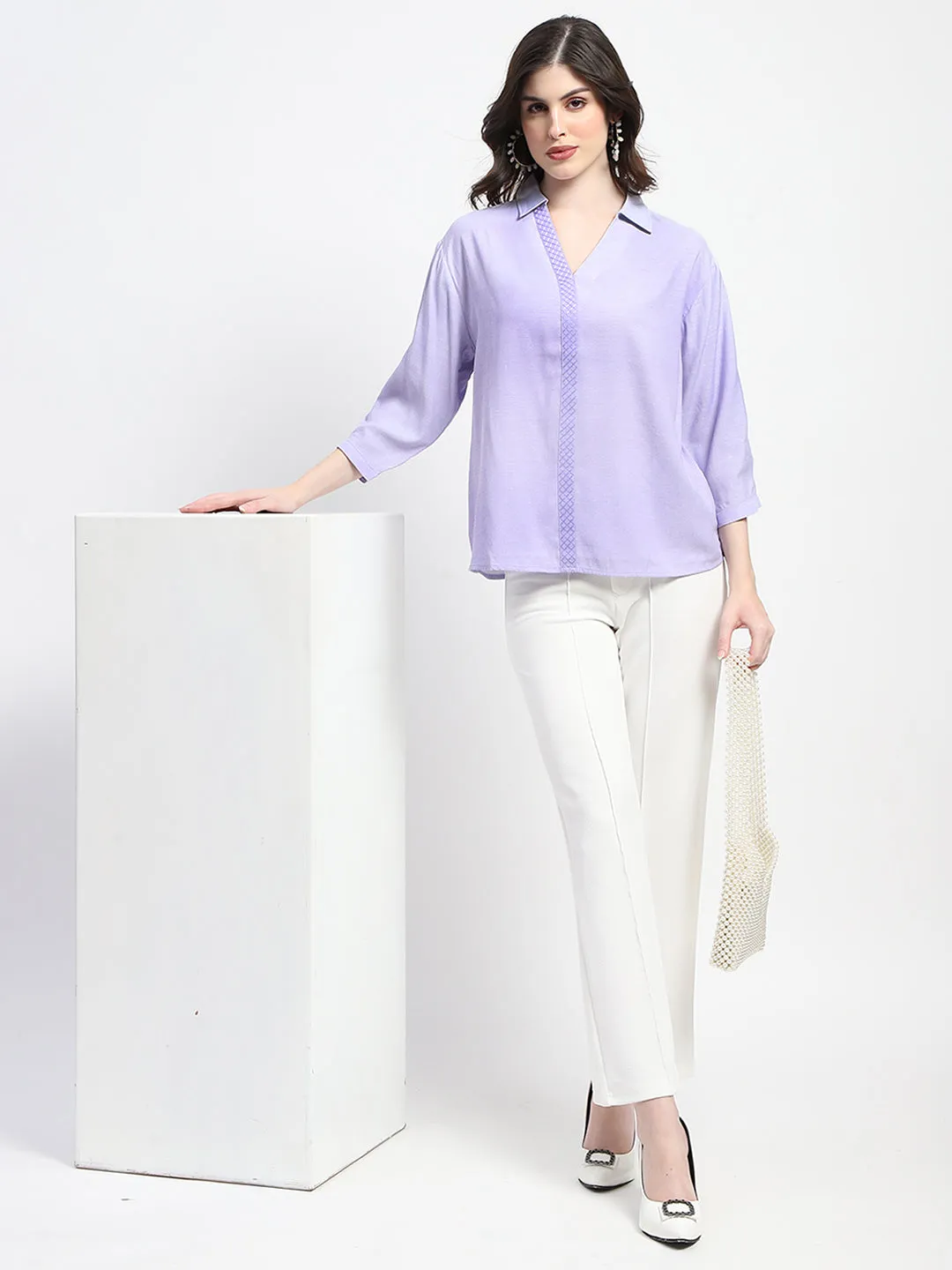 Madame Collared Embellished Purple Shirt