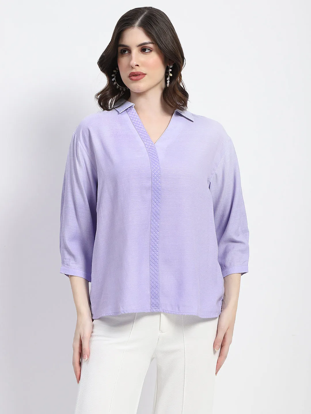Madame Collared Embellished Purple Shirt