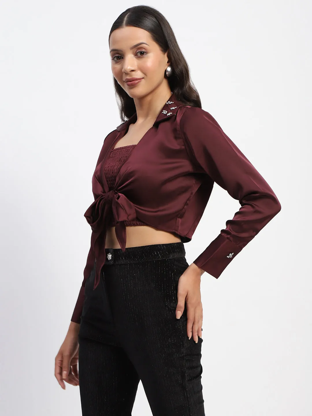 Madame Embellished Shirt and Smocked Top Maroon Coord Set