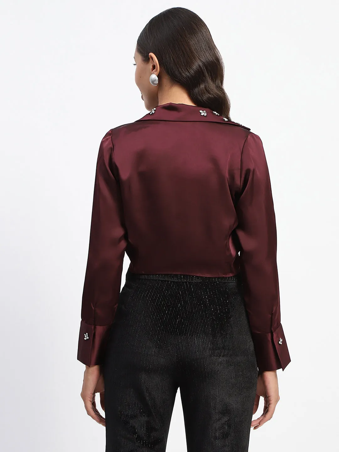 Madame Embellished Shirt and Smocked Top Maroon Coord Set