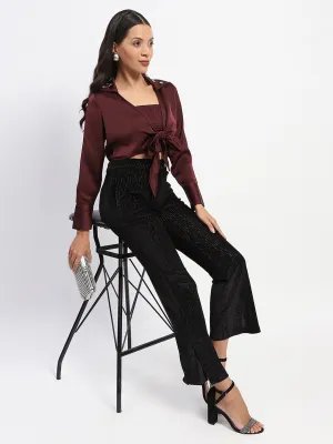 Madame Embellished Shirt and Smocked Top Maroon Coord Set