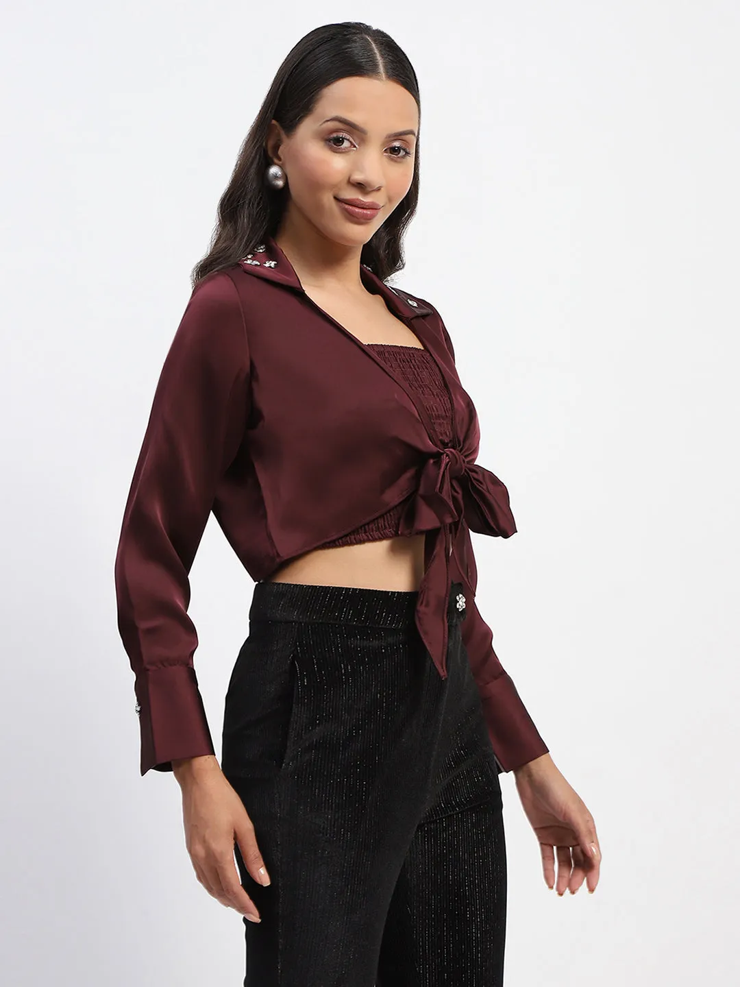 Madame Embellished Shirt and Smocked Top Maroon Coord Set