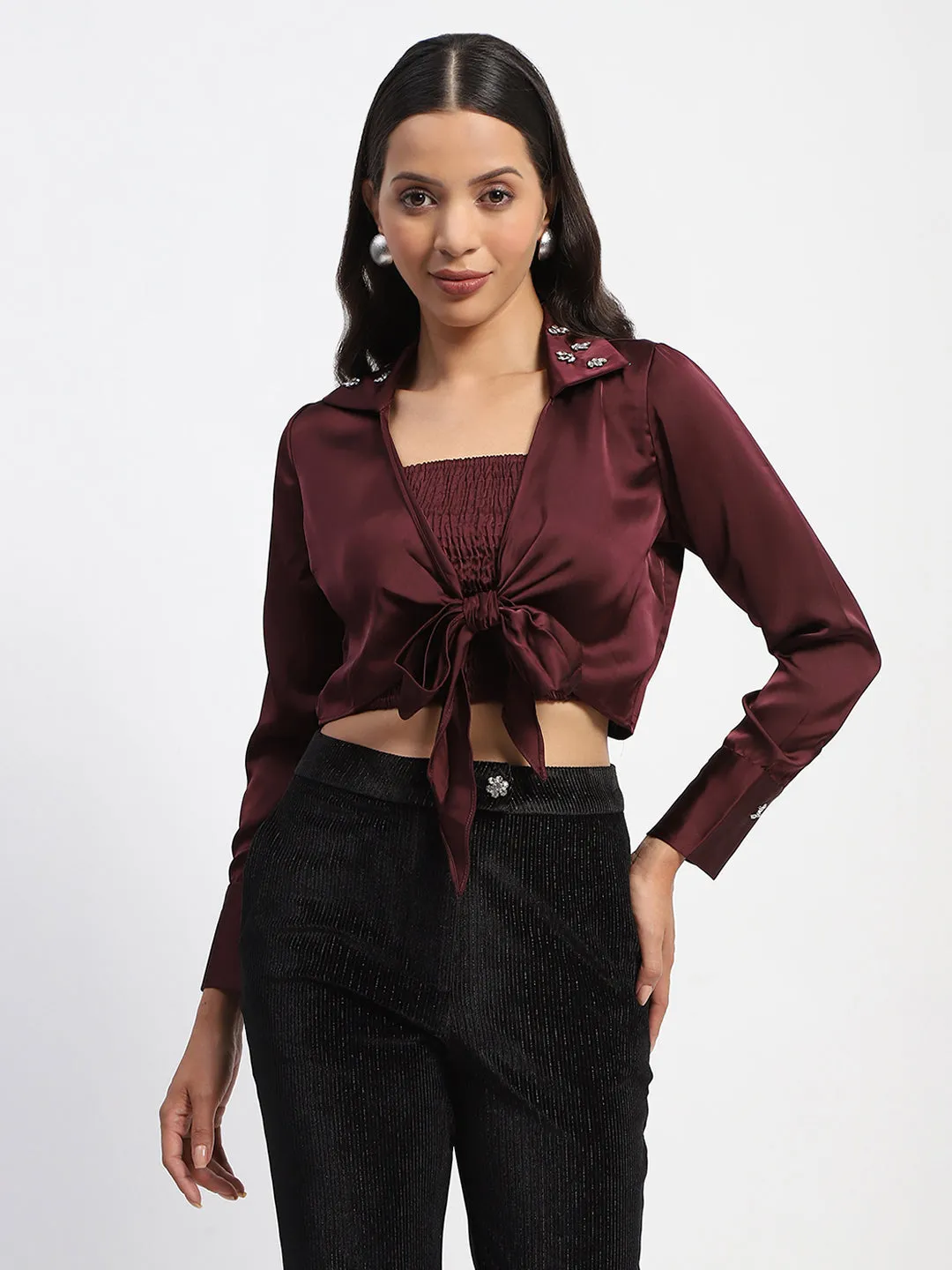 Madame Embellished Shirt and Smocked Top Maroon Coord Set