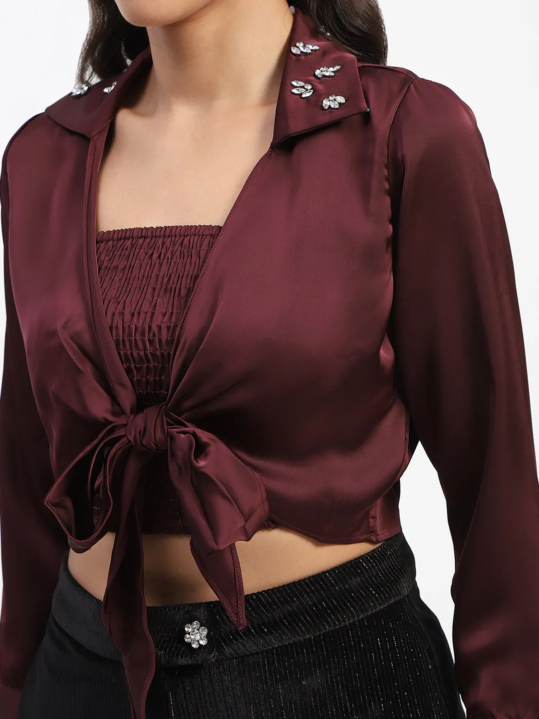 Madame Embellished Shirt and Smocked Top Maroon Coord Set