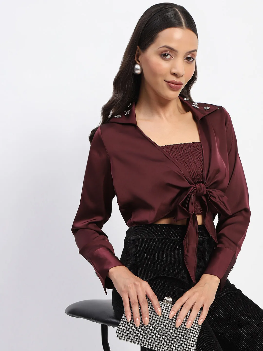Madame Embellished Shirt and Smocked Top Maroon Coord Set