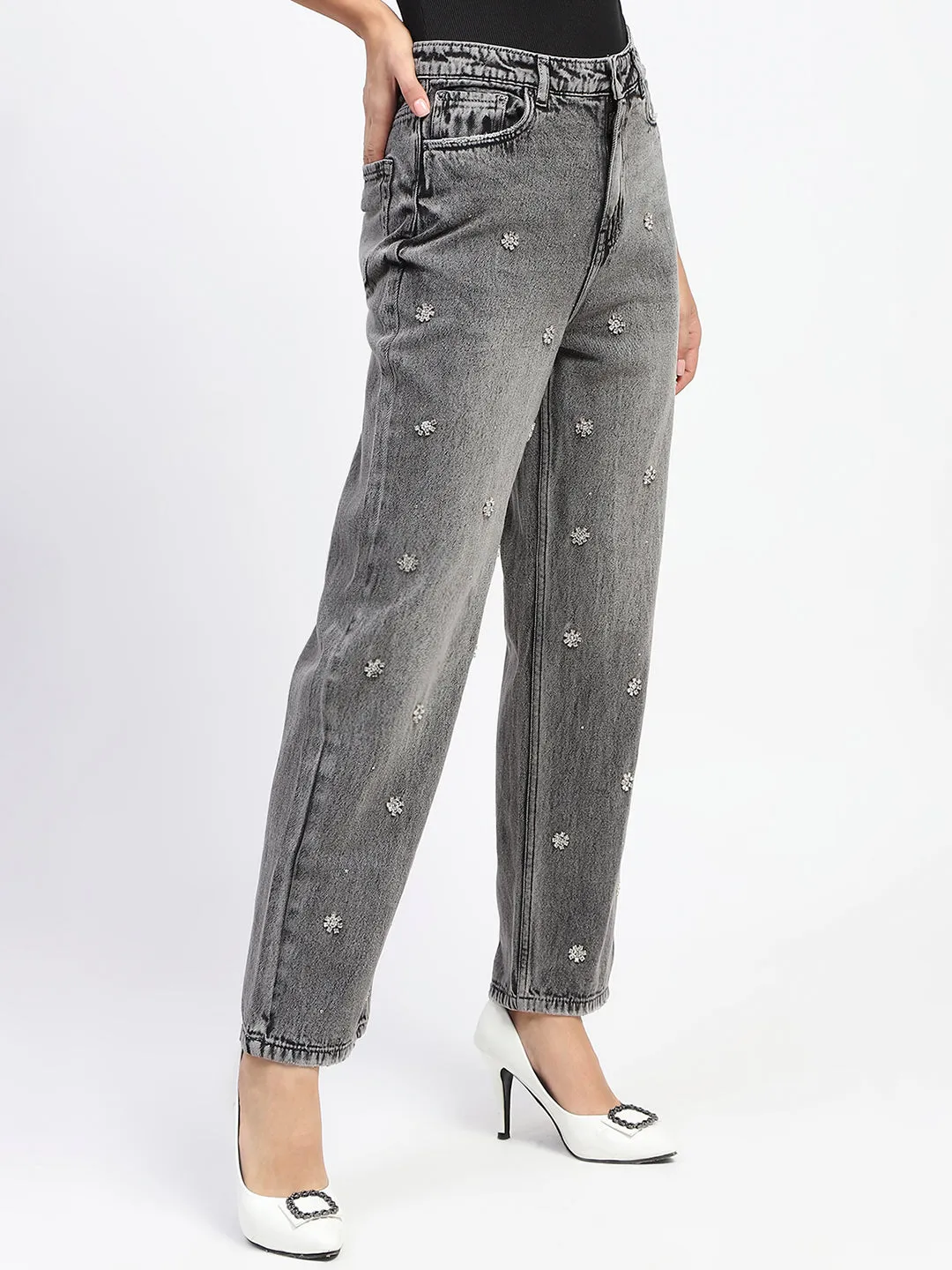 Madame Embellished Straight Fit Black Denim