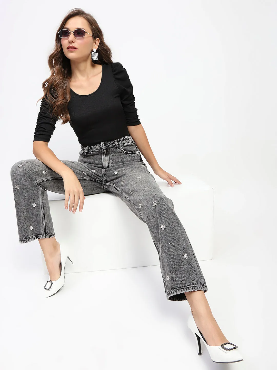 Madame Embellished Straight Fit Black Denim