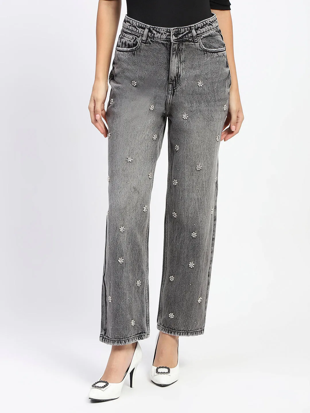 Madame Embellished Straight Fit Black Denim