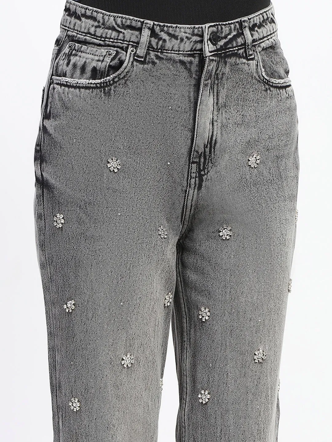 Madame Embellished Straight Fit Black Denim