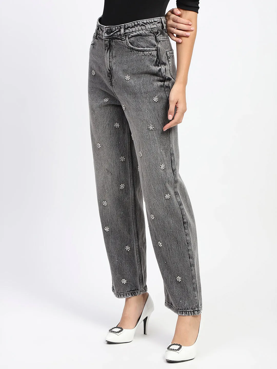 Madame Embellished Straight Fit Black Denim