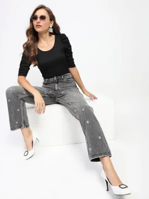 Madame Embellished Straight Fit Black Denim