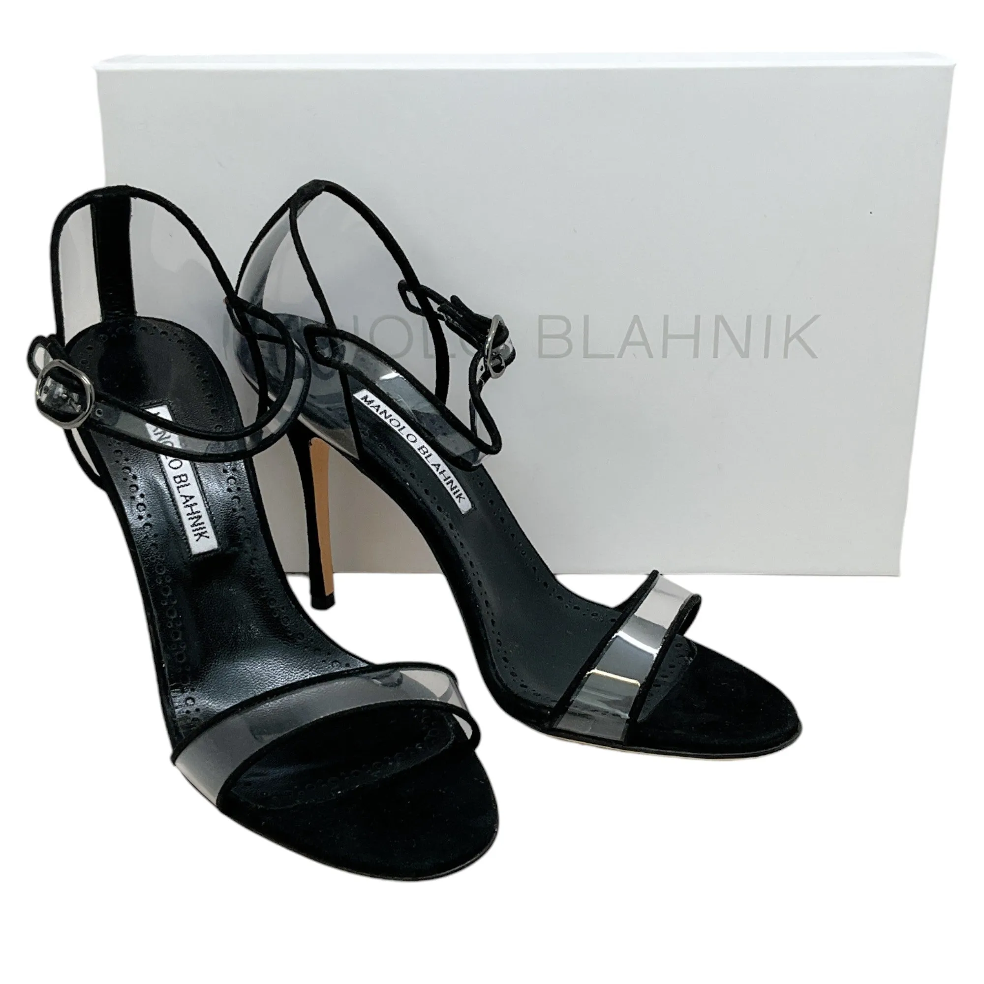 Manolo Blahnik Black Suede / PVC Fersen Sandals