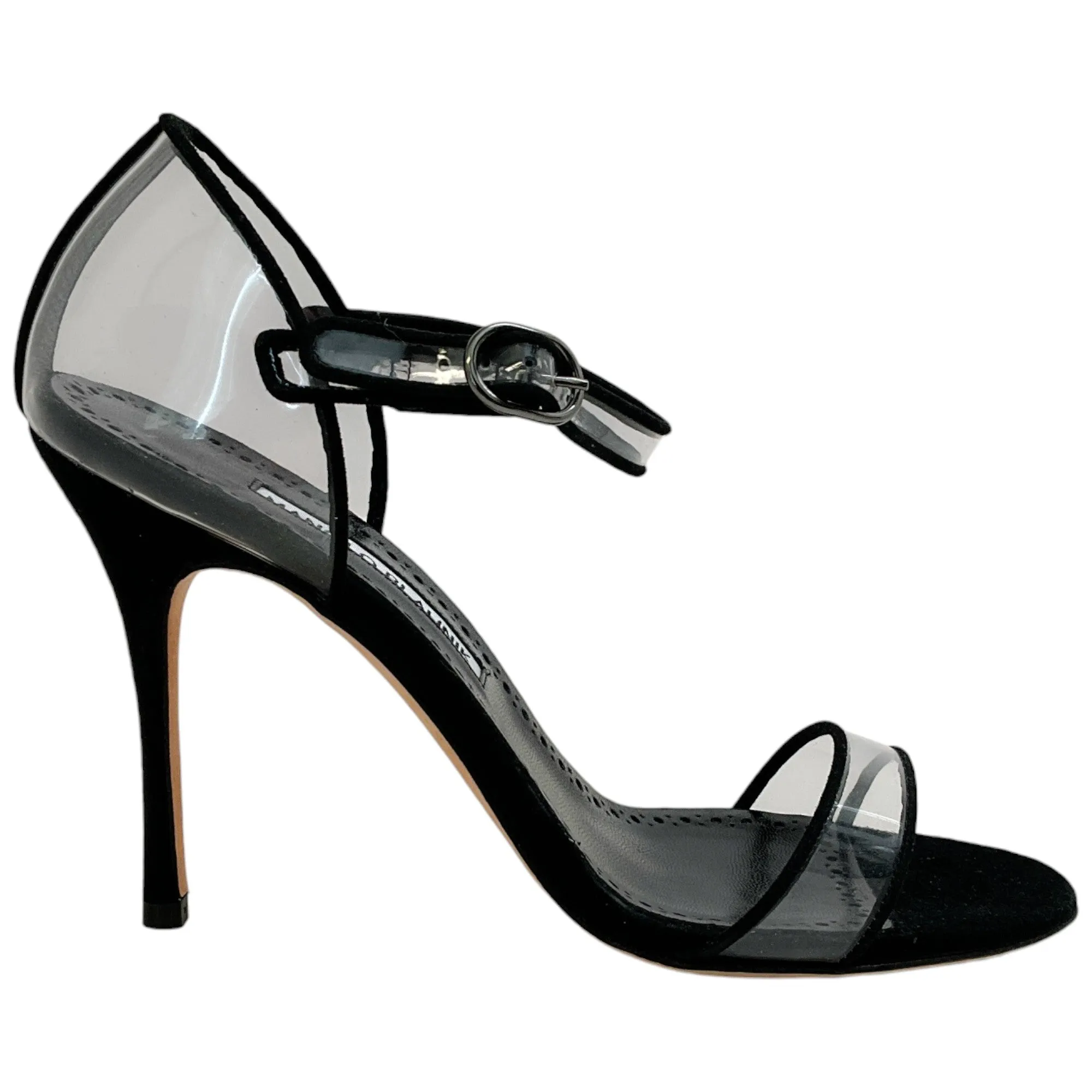 Manolo Blahnik Black Suede / PVC Fersen Sandals